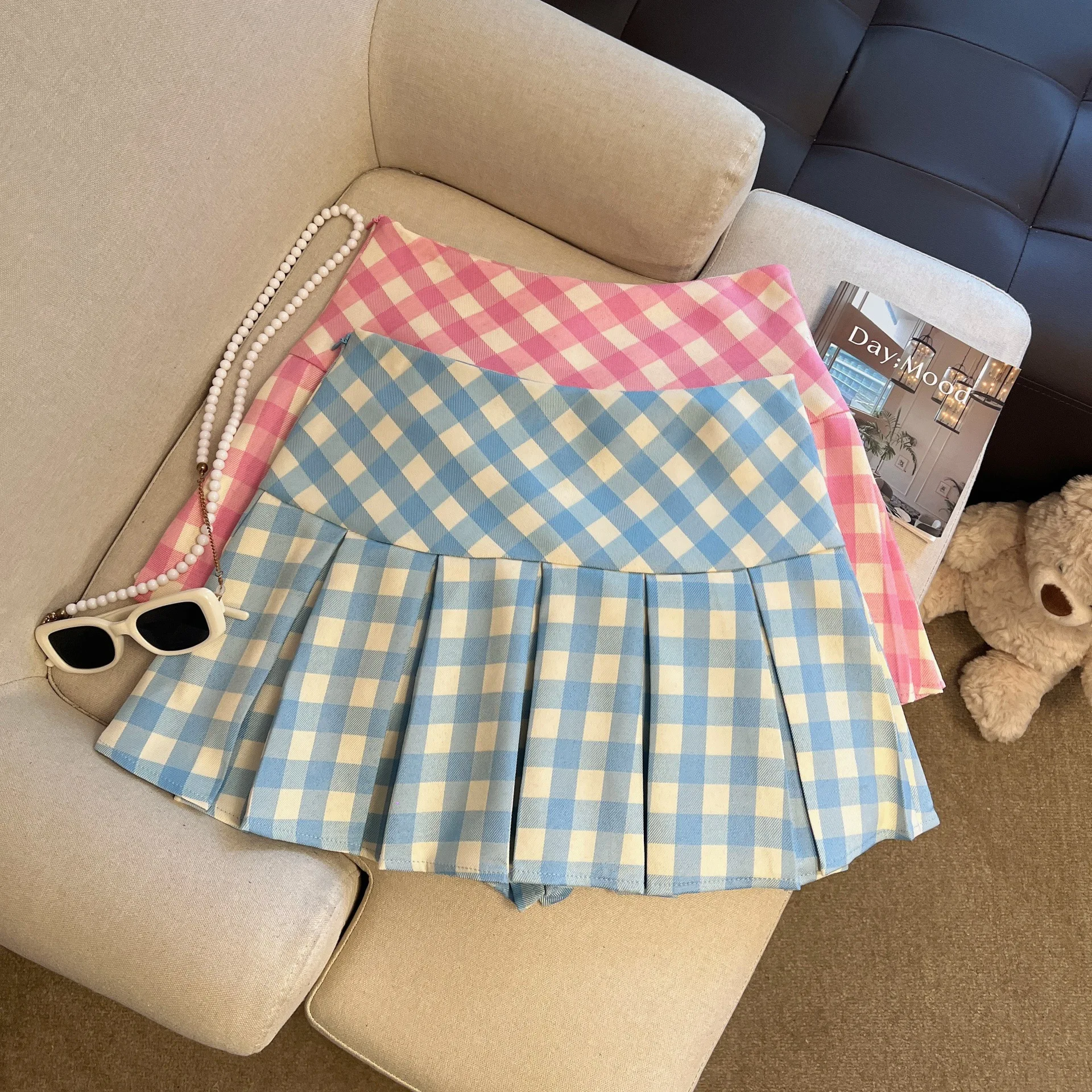 Women's Gingham Pleated Skirt in Blue Pink High Waist A-Line Checkered Mini Skirt with Built-in Shorts Preppy Y2K Coquette