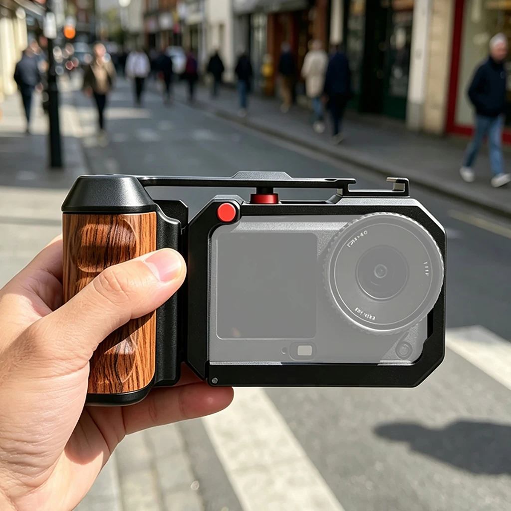 

Wooden Handle Camera Cage Kit for DJI Action 3/4/5 Pro & Action 6 Quick Release Shutter Handle Aluminum Street Photography Rig