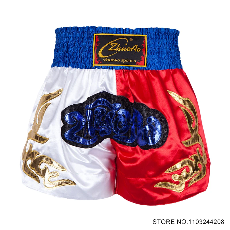 

Shorts Muay Thai 2 Tones Retro Boxing Shorts Womens Mens Children Embroidered Satin Fighting Kickboxing Pants Gym MMA Fight Wear