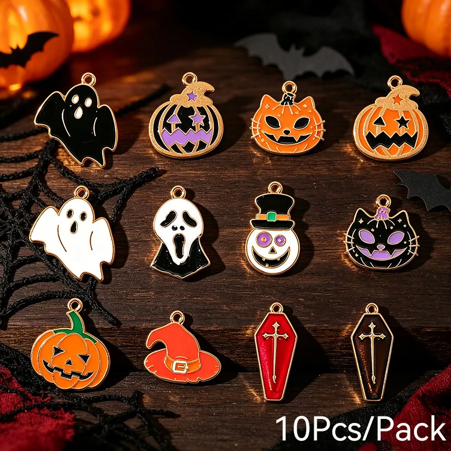 New 10Pcs/Pack Halloween Accessories For Jewelry Making Oil Drop Ghost Pumpkin Hat Trinket DIY Pendant Bracelet Necklace Keyring