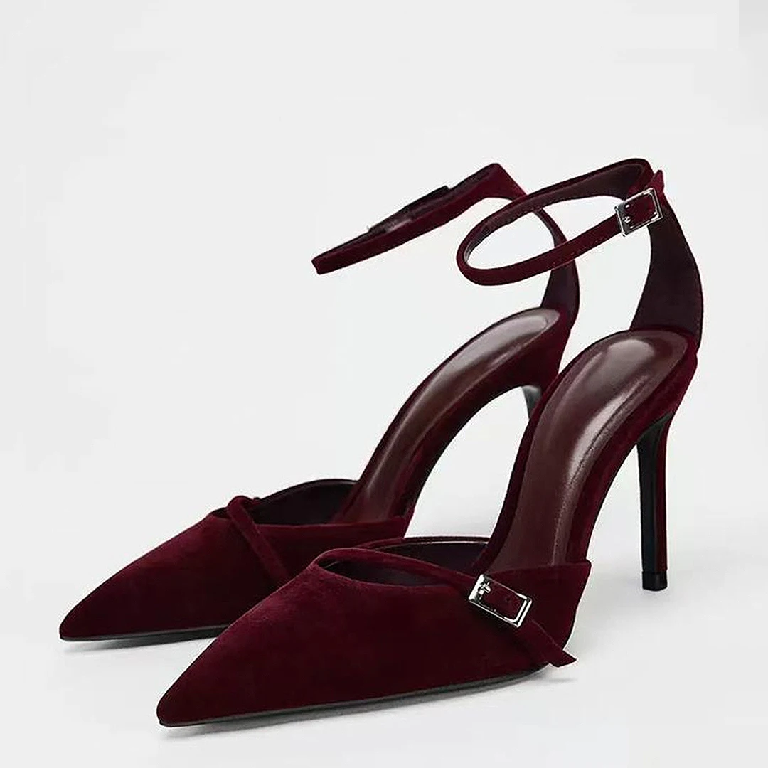 TRAF Velvet Point Head Stiletto Slingbacks Ankle Strap Thin High Heel Pumps For Woman New Elegant Dark Red Sandals Women's Shoe