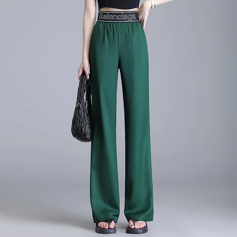 

Rib Elastic Waist Wide Leg Pants for Women Loose Spring/Summer Thin High Waist C M-5XLasual Ice Silk Straight Tube Floor Towers