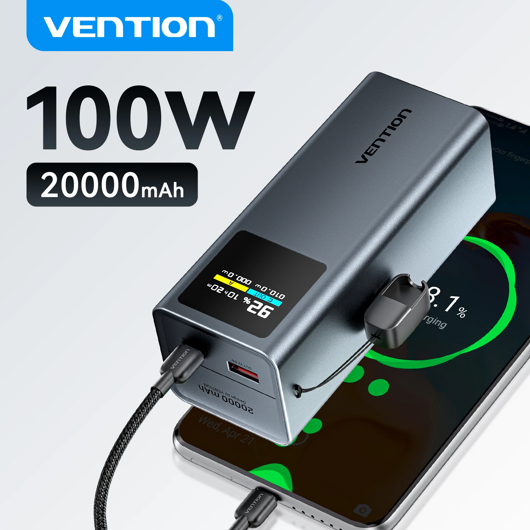 Vention 20000mAh 100W Fast Charging Detachable USB-C Cable Power Bank Smart TFT Screen, Compact Portable,for Xiaomi iPhone 16 15