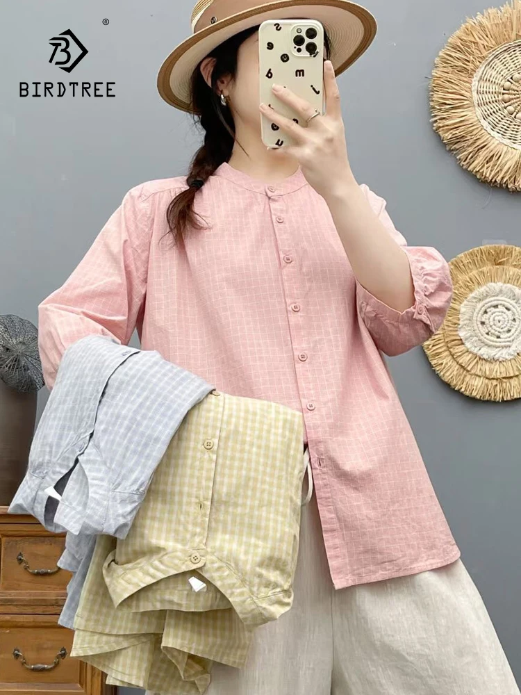 

New 2025 Summer Cotton 3/4 Sleeve Shirt, Women O Neck Plaid Printed, Mori Girl Retro Japan Style Casual Loose Blouse T55778CC