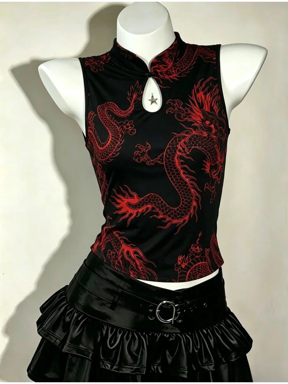 2026 new summer dark dragon print sleeveless top with stand up collar and hollowed out street fashion, spicy girl niche vest ins