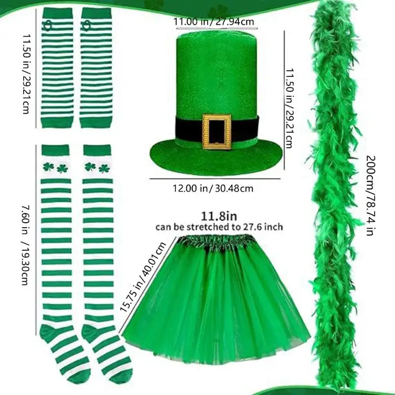 A0KD عيد القديس باتريك الرجال النساء ازياء اكسسوارات أطقم الأخضر شامروك تنورة أفضل قبعة جوارب مجموعة لمهرجان التصوير #2