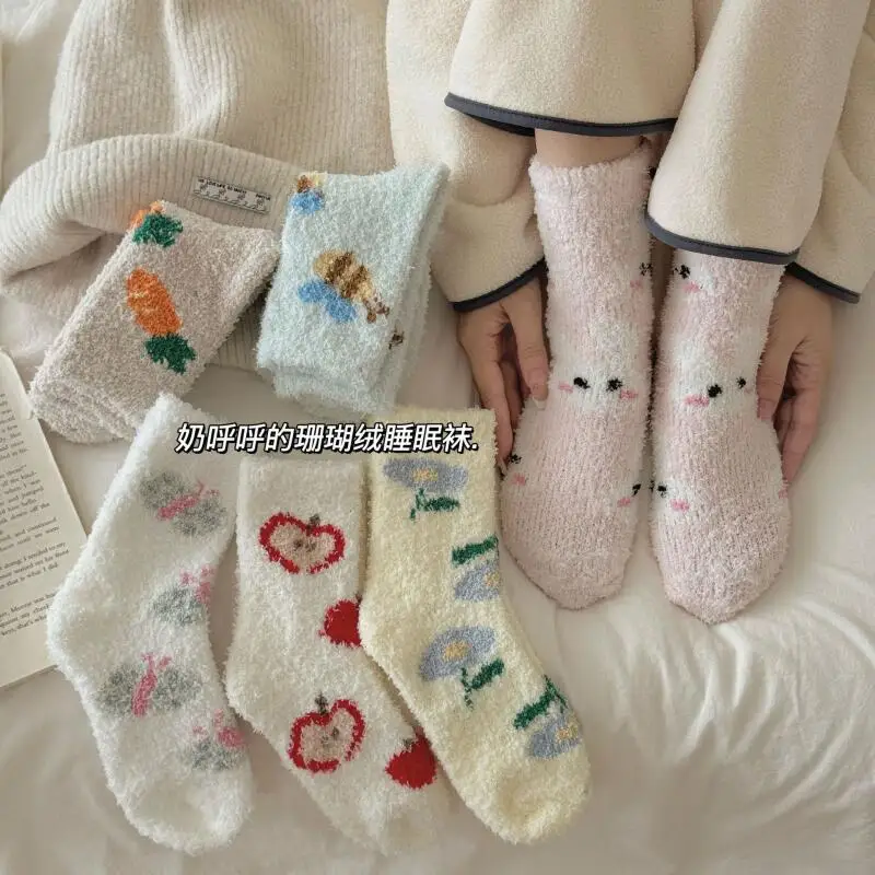 

Woman Winter Kawaii Plush Socks Keep Warm Cotton Socks New Thicken Solid Color Knee-High Socks At Home Coral Fleece Floor Socks
