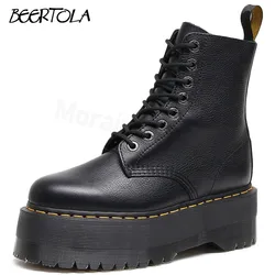 Women's Ultra-Thick-Soled Black Leather Boots Pebbled Leather Round-Toe Short Boots Large Size Lace-Up Casual Boots