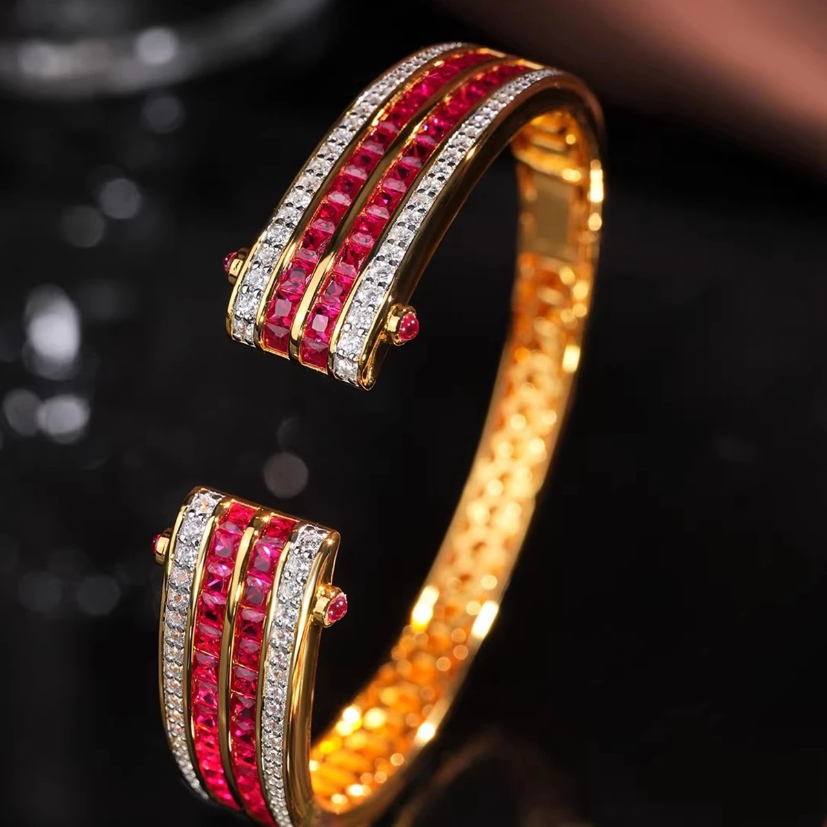 KQDANCE Vintage Real 925 Silver Lab Red Ruby High Carbon Diamond Gemstone Wedding Engagement Bracelet Cuff Bangle Fine Jewelry