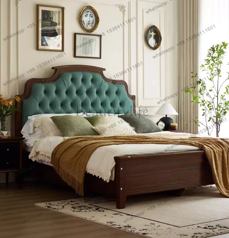 French retro style solid wood American medium and ancient bed master bedroom furniture high box storage bed