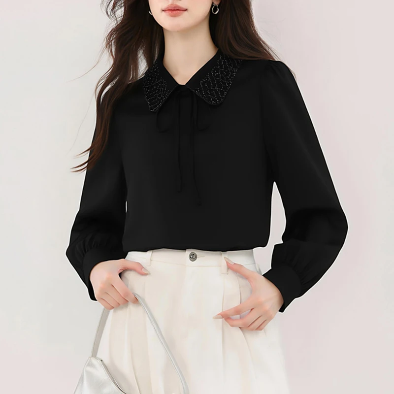 

2025 модная элегантная женская блузка на шнуровке с длинным рукавом, черная блузка, рубашка, женские топы, блузка, рубашки Blusas De Mujer Camisas