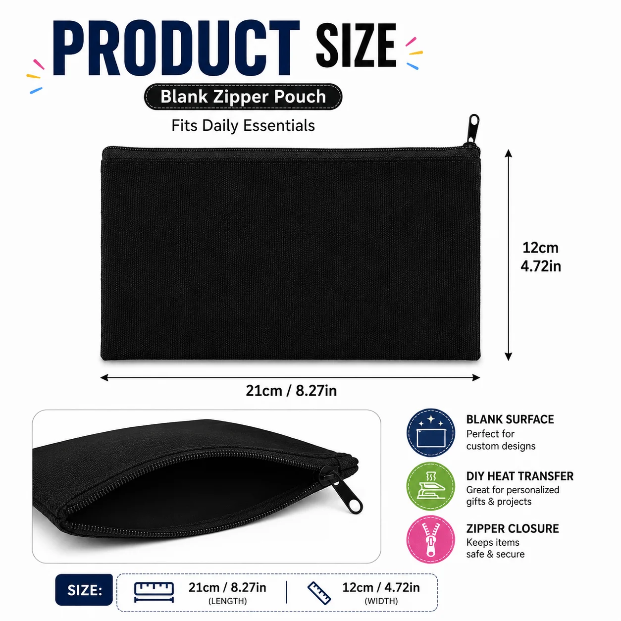 6/12PCS Black Blank Zipper Pouches, 21 x 12cm Canvas Heat Transfer Bags for DIY Pencil Cases, Cosmetic & Makeup Pouches