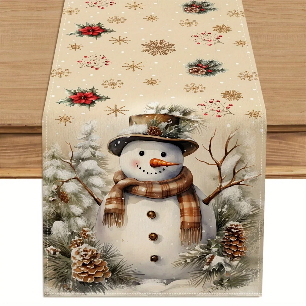 1pc, Nordic Style Winter Snowman Table Runner with Poinsettia Flakes and Christmas Tree Branches & Cones – Perfect for Holiday