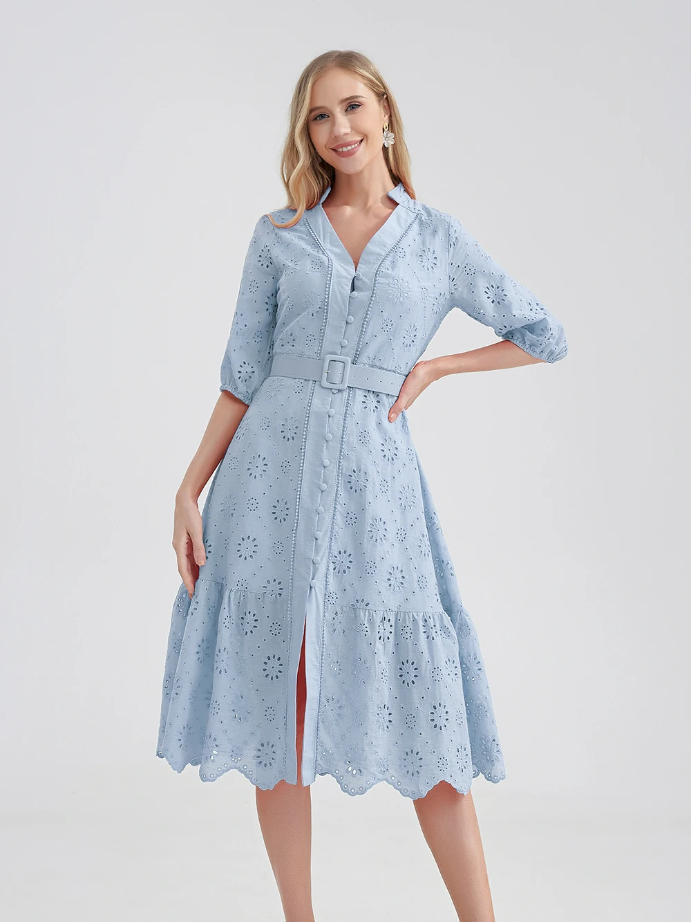 Marwin Cotton Hollow Out Summer Dress Women Holiday Perppy Casual High Waist Ruffled Mini V-Neck Dresses A-line Frills Vestido