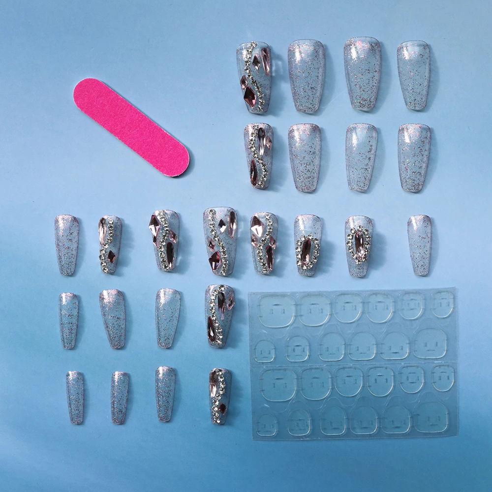 Y2K 24pcs Luxurious Glossy Ballet-Style long press on nails Full Rhinestone fake press on nails Y2K Pink Vibes press on nails