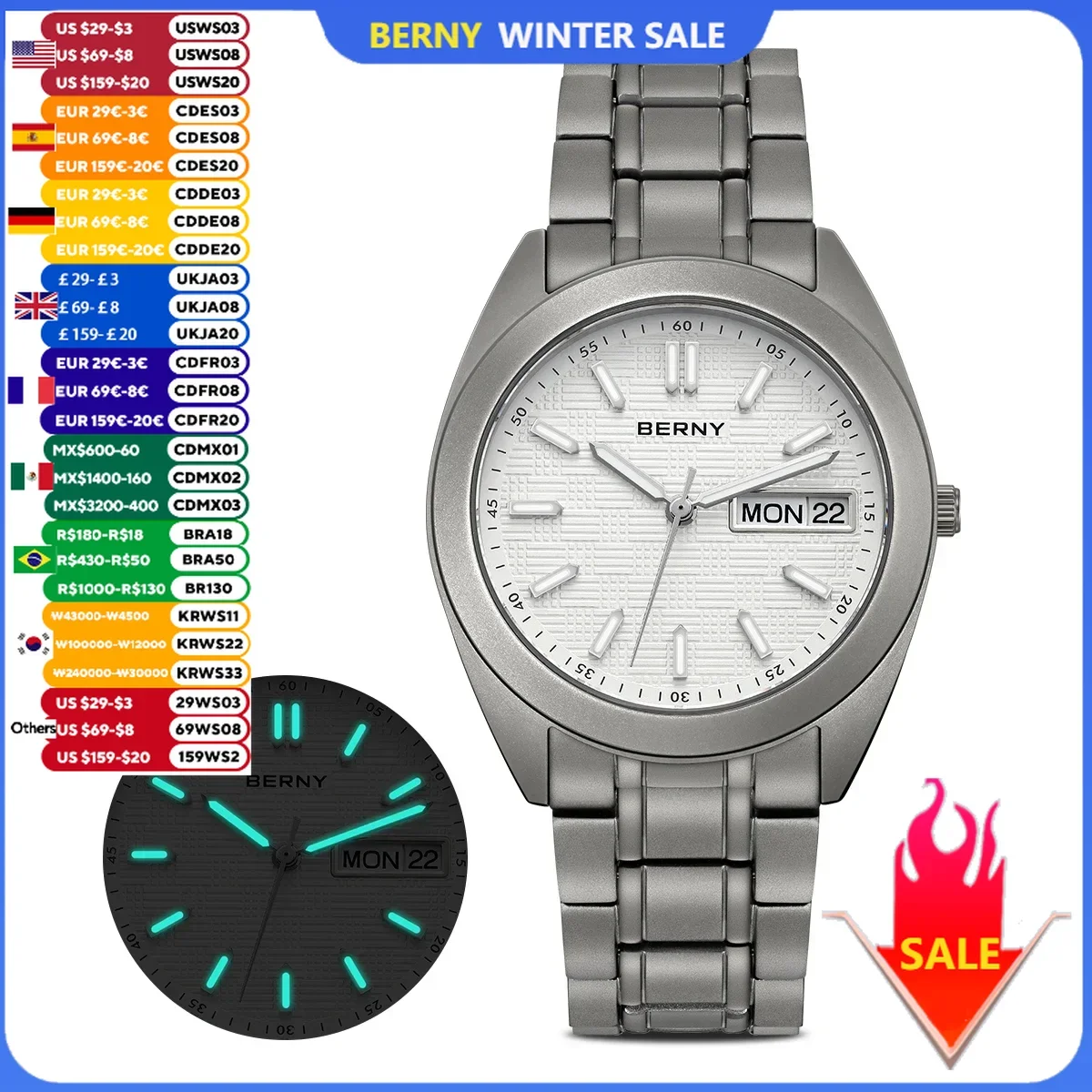 BERNY Full Titanium Men Watch Date Week Quartz Watches Calendar Sapphire Super Luminous 100M Waterproof Lightweight Wristwatch