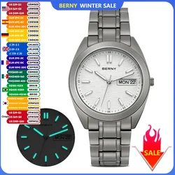 Reloj BERNY de titanio completo para hombre, relojes de cuarzo con fecha y semana, calendario de zafiro superluminoso, reloj de pulsera ligero resistente al agua 100M