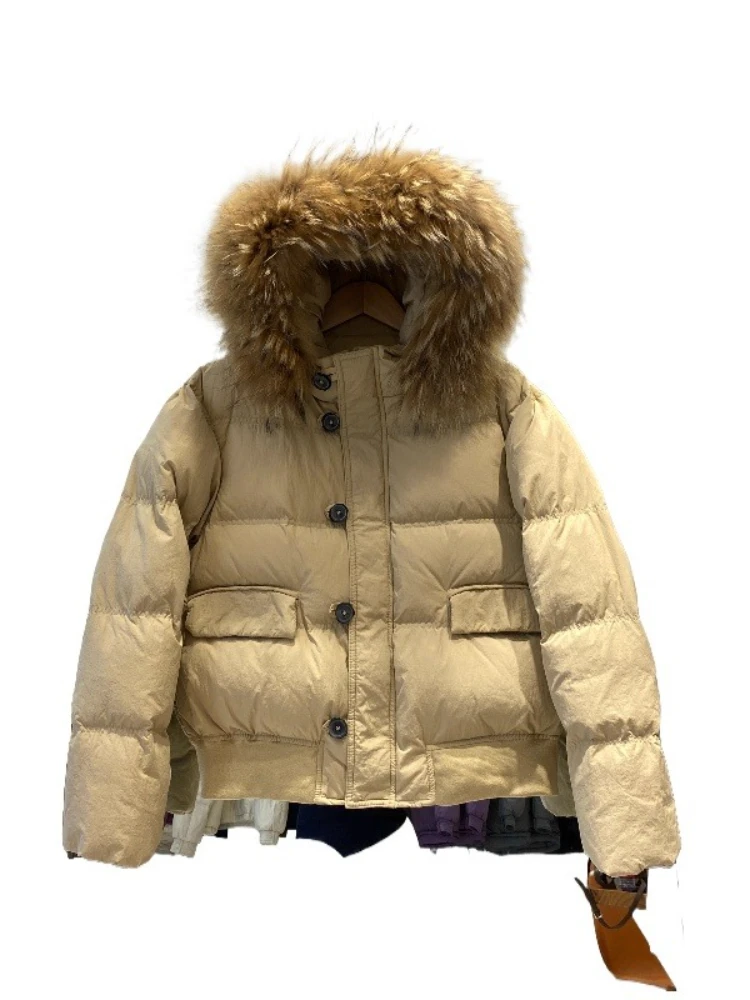 Super Große Echt Waschbären Pelz Kragen Unten Jacke Winter 90% Weiße Ente Puffer Mantel Frauen Lose Verdickt Warme Beiläufige Kurze Parkas