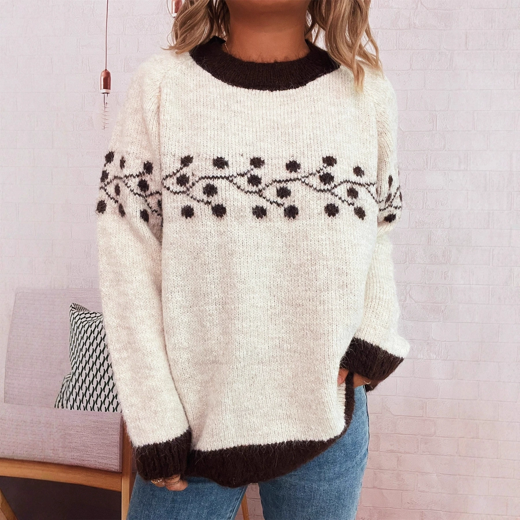Autumn and winter new round dot branch jacquard knitted sweater commuting casual sweater pullover for women tops