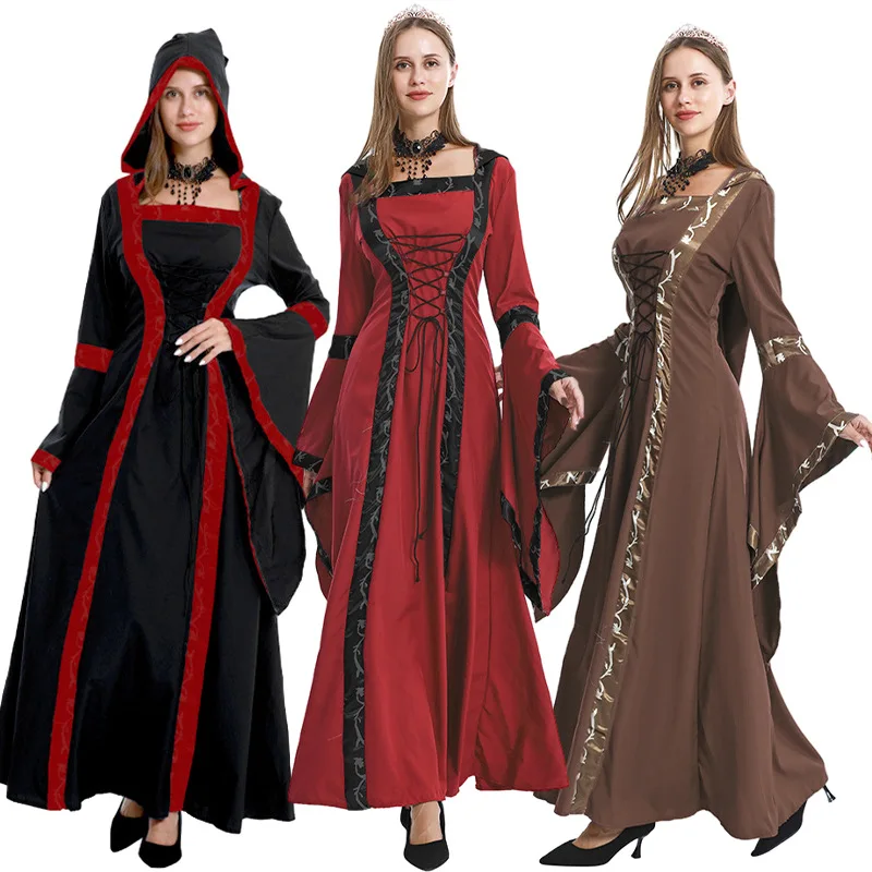 

Halloween Vintage Palace Medieval Hooded Dress Square Neck Tie Trumpet Sleeve Cape Queen Princess Cosplay Costume Carnival Party