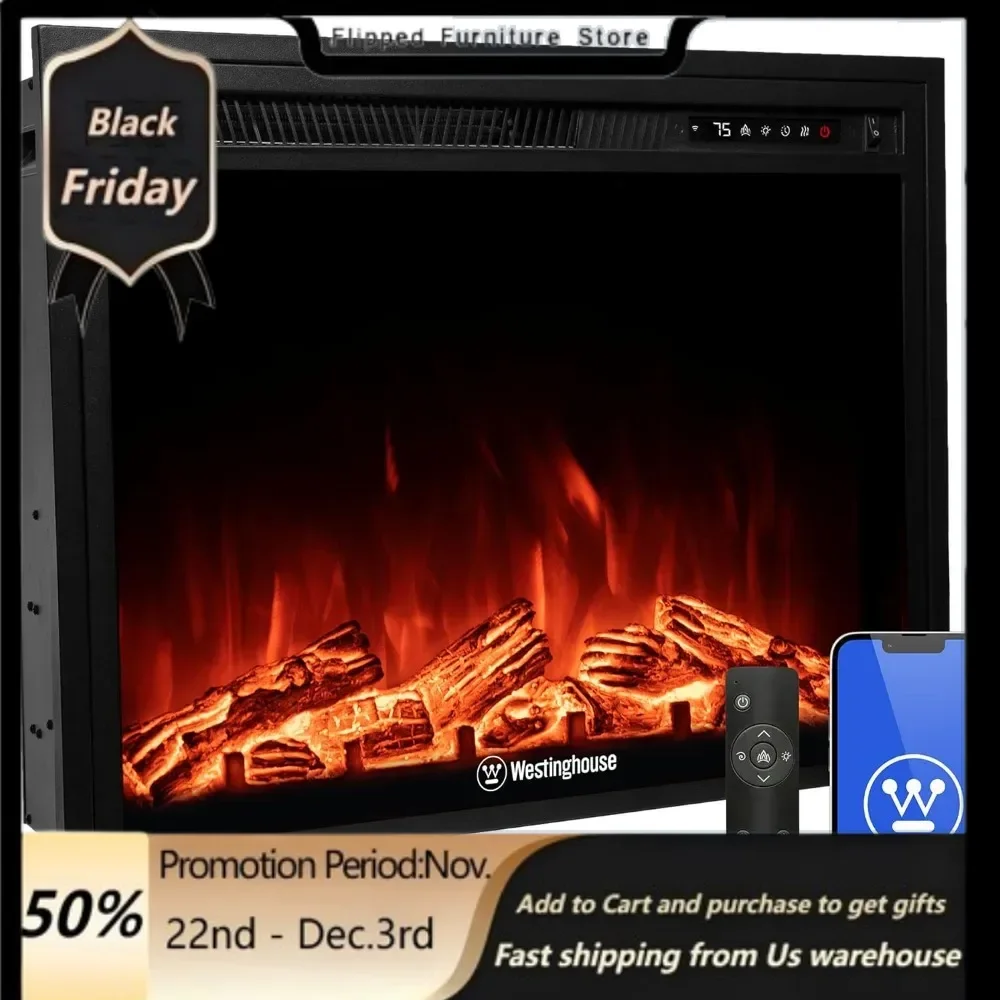 28 Inch Electric Fireplace Heater, Compatible with Alexa & Google Home, in-Wall Recessed Fireplace Insert, Color Changing Flames