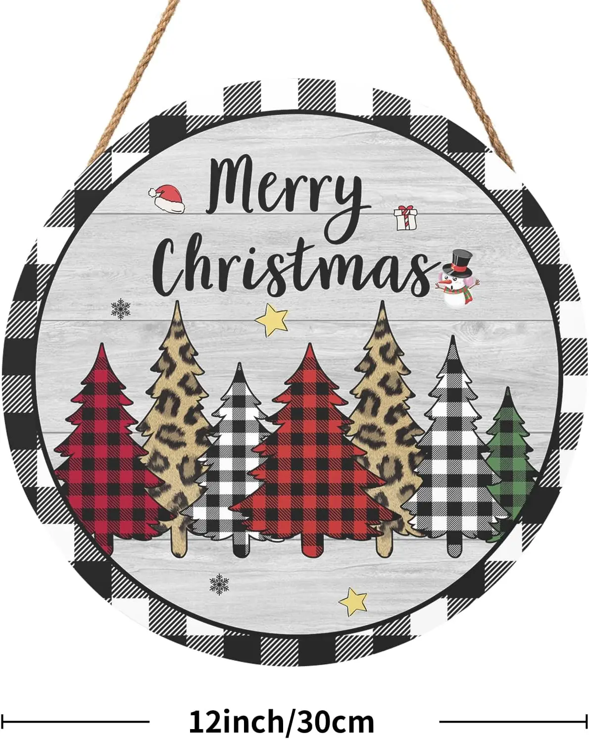 Merry Christmas Door Sign 12 Inch Christmas Buffalo Plaid Tree Hanging Decorations Wooden Holiday Signs Sign for Home Porch Yard