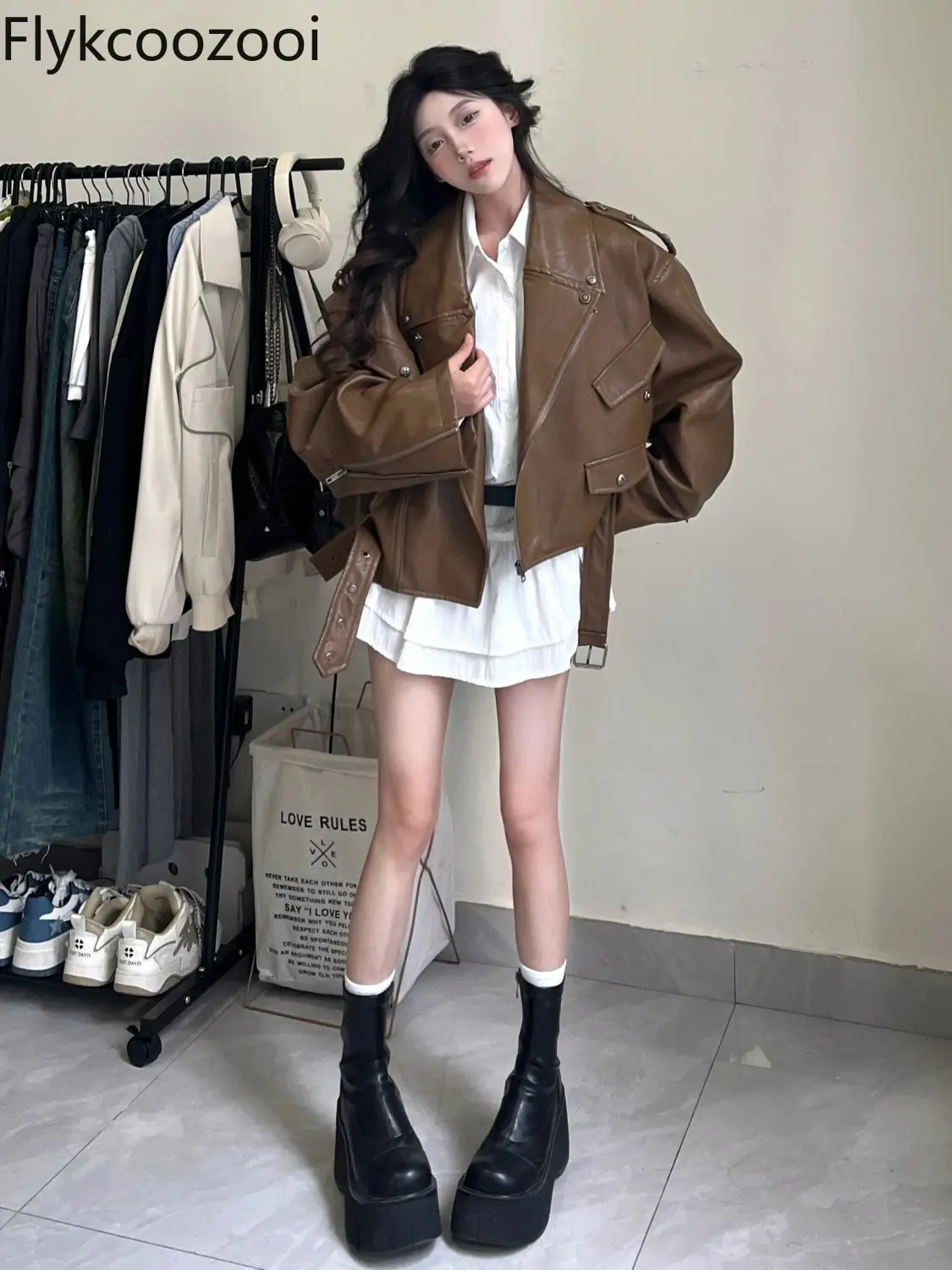 American Coffee Color Locomotive Leather Coat Woman 2024 Spring New Loose Temperament Jacket Top Winter Clothes Women