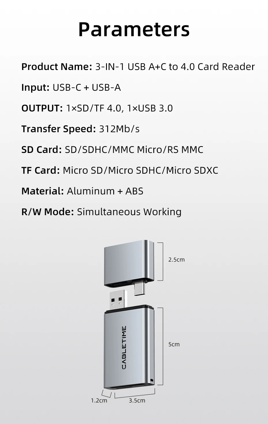 CABLETIME SD4.0 Kartenleser 3 IN 1 312 MB/s 5 Gbit/s USB A & USB C auf SD/TF Speicherkartenadapter für Laptop, Telefon, MacBook – Detail 14