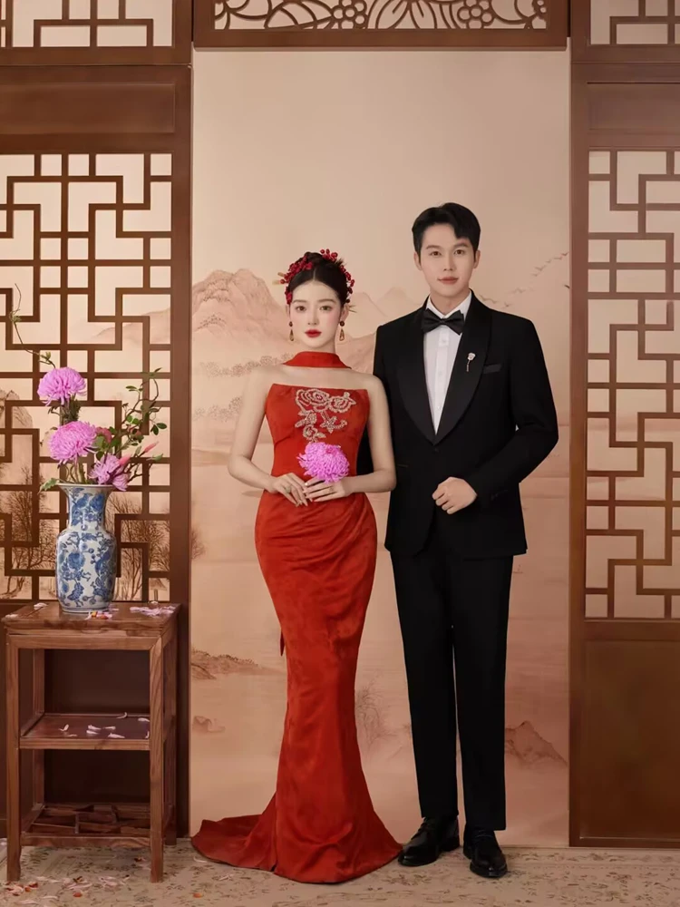 

Chinese Style Wedding Dress Lace Morning Robe Wedding Ceremony Dress Photography Studio Theme Clothing Outdoors Shooting