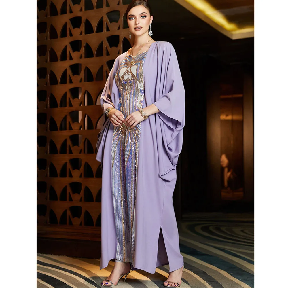 Eid mubarak djellaba lantejoulas manga morcego abaya feminino vestido muçulmano turquia dubai kaftan femme musulman vestidos caftan marocain robe