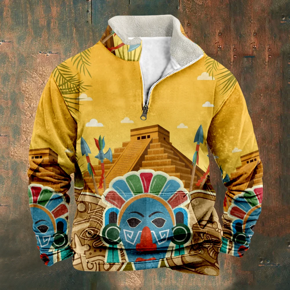 Men's Sweatshirt Maya Civilization Cartoon Print Long Sleeve Stand Collar Zipper Casual Pullovers