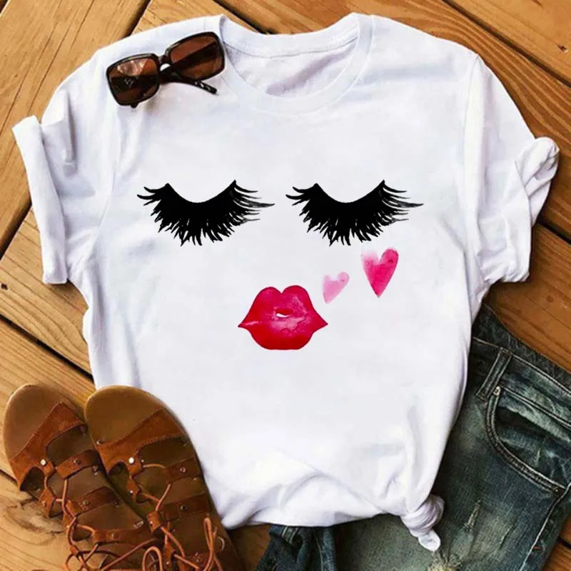 

Maycaur New Cute Eye Lashes Red Lips Print Женская футболка Летняя повседневная футболка с коротким рукавом и круглым вырезом Модная женская рубашка Топы