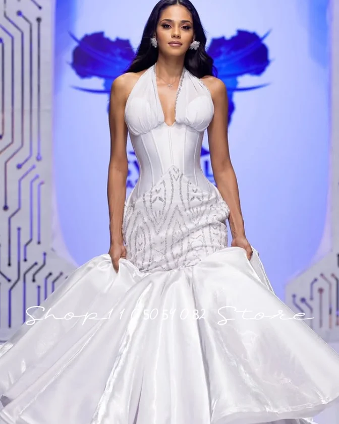 Shine Halter Neck Bridal Gown Mermaid Sequins Beading South African Bridal Fluffy Skirt Wedding Dress Customized vestidos mujer