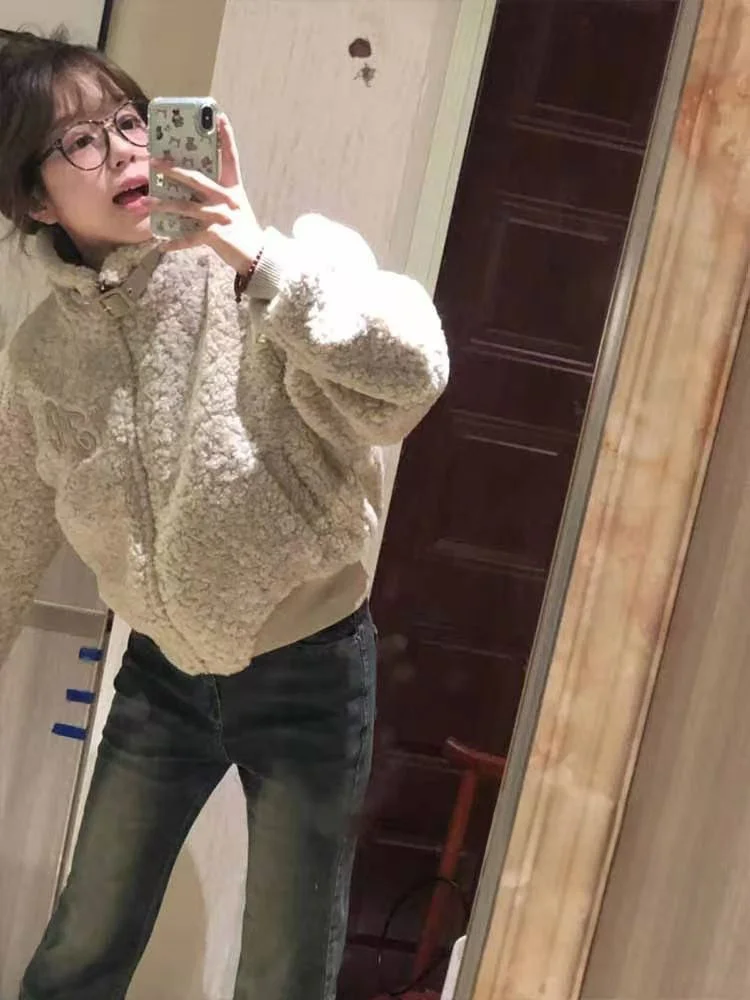 

Корейская мягкая теплая куртка из искусственного меха ягненка для женщин, утепленное хлопковое пальто, весна 2026, для повседневной носки, свободный крой, дизайн с элементами пэчворка