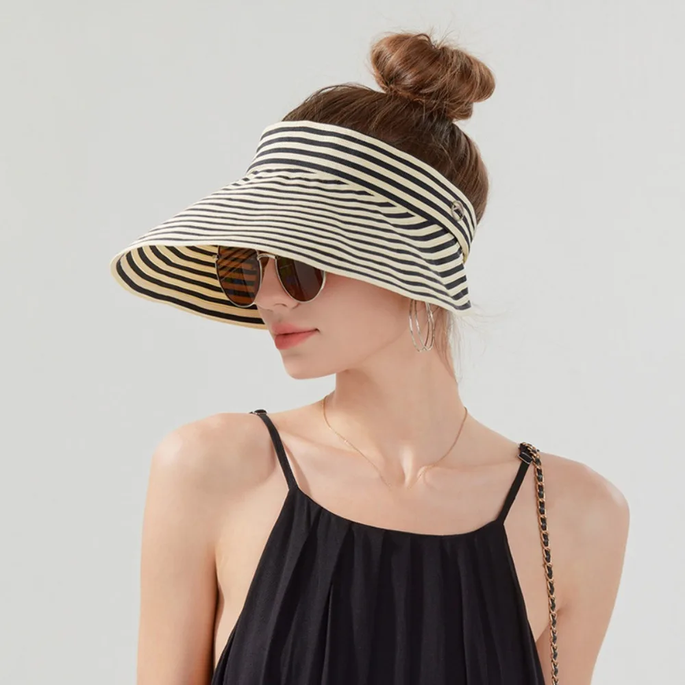 

Fashion Wide Brim Stripe Empty Top Hat Anti-UV Visor Cap Sunscreen Hat Korean Style Foldable Sun Protection Cap Travel