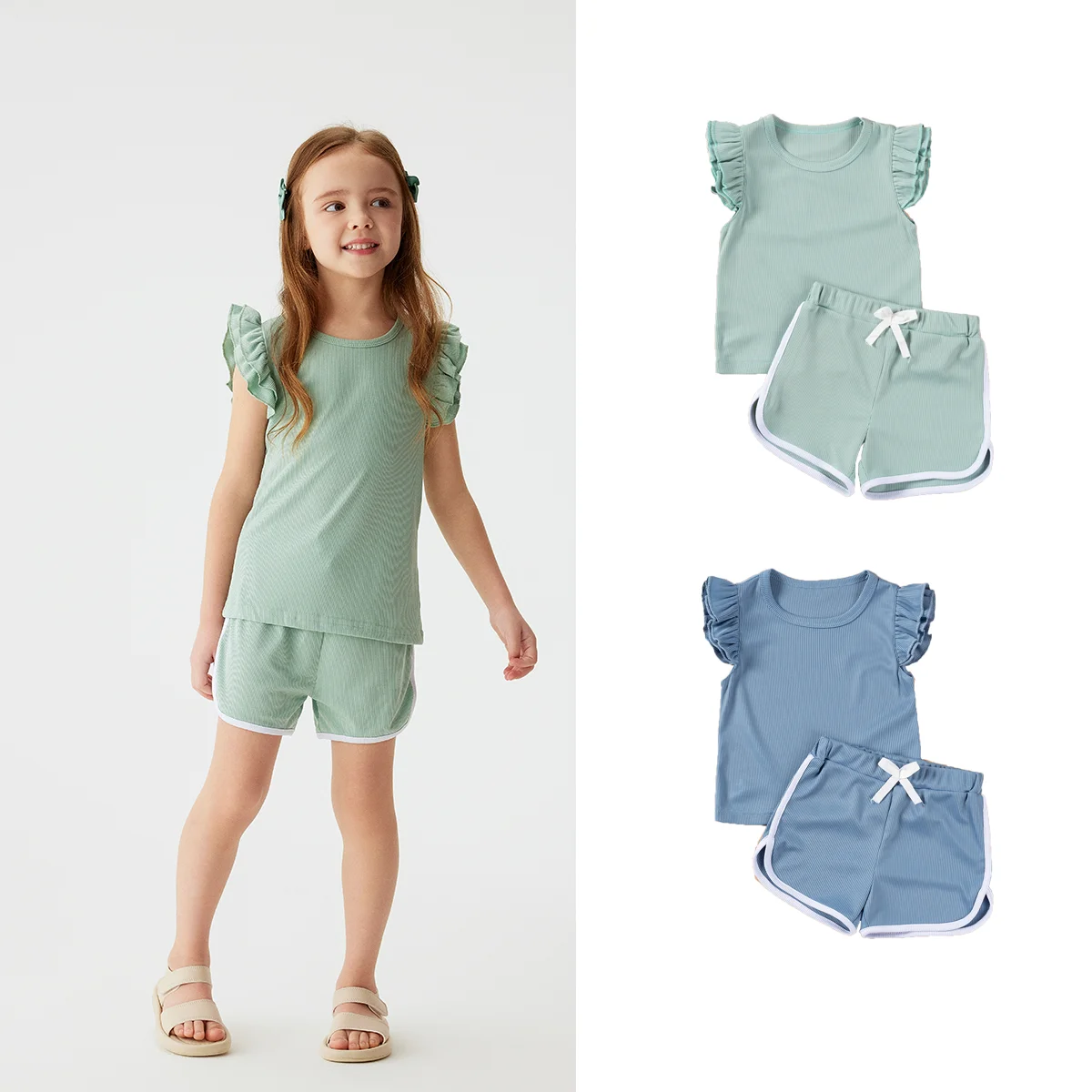 Summer Kids Sets 0-4Y Small Flying Sleeve Solid  Top+elastic Waist Shorts 2pcs Set Girls' Casual Comfortable Clothing Suits