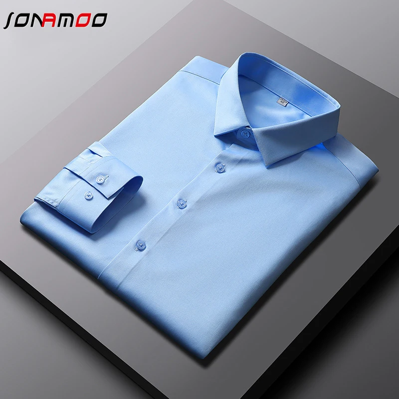 Camisa de manga comprida masculina, blusa empresarial, não resistente a rugas e engomar, casual e elegante, monocromática