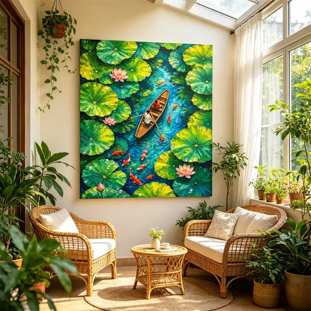 1PC Large-sized frameless canvas paintings,Water Lily Pond Boat And koi Fish Art Poster Print for Living Room Office Lotus Flowe