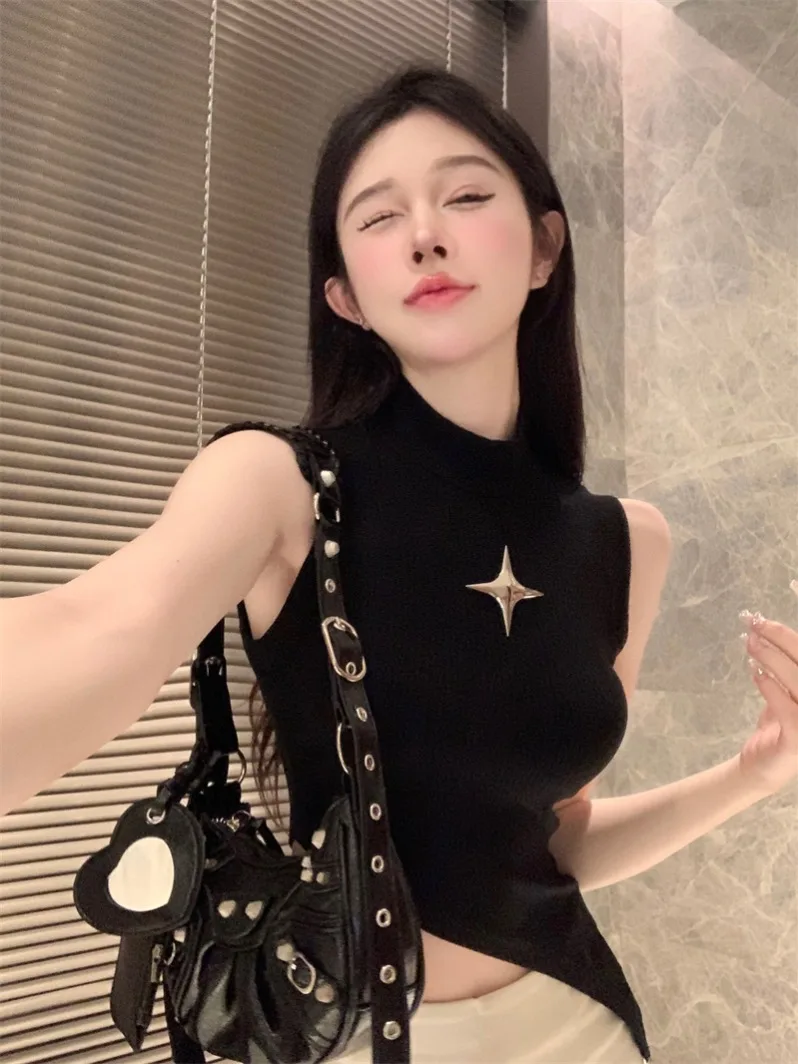 

Slim Fit Star Design off Shoulder Half High Collar Sleeveless Vest for Women Summer New Style Fashionable Trendy Top