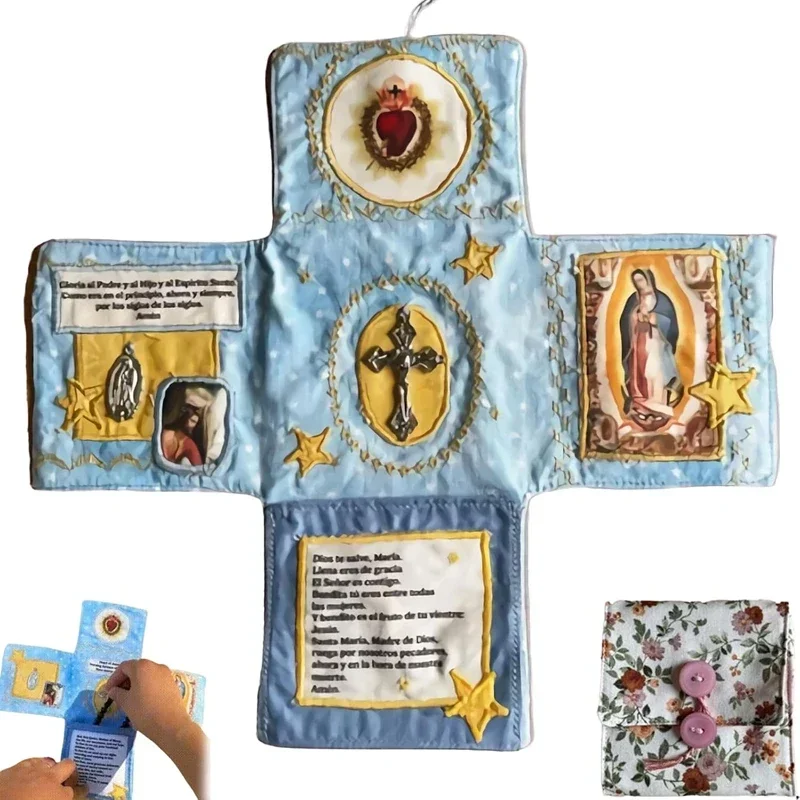 Faith Cross-Shaped Fabric Pouch Sewing Pocket with Saint Images Prayers Handcrafted Pocket Shrine with Cross Included Inside