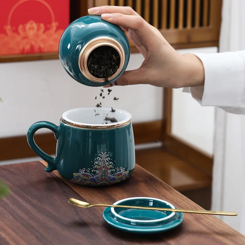 Handmade Silver-Plated Mug Gift Set with Tea-Water Separation Inner Liner Filter for Office and Home Use Ceramic Water Cup with