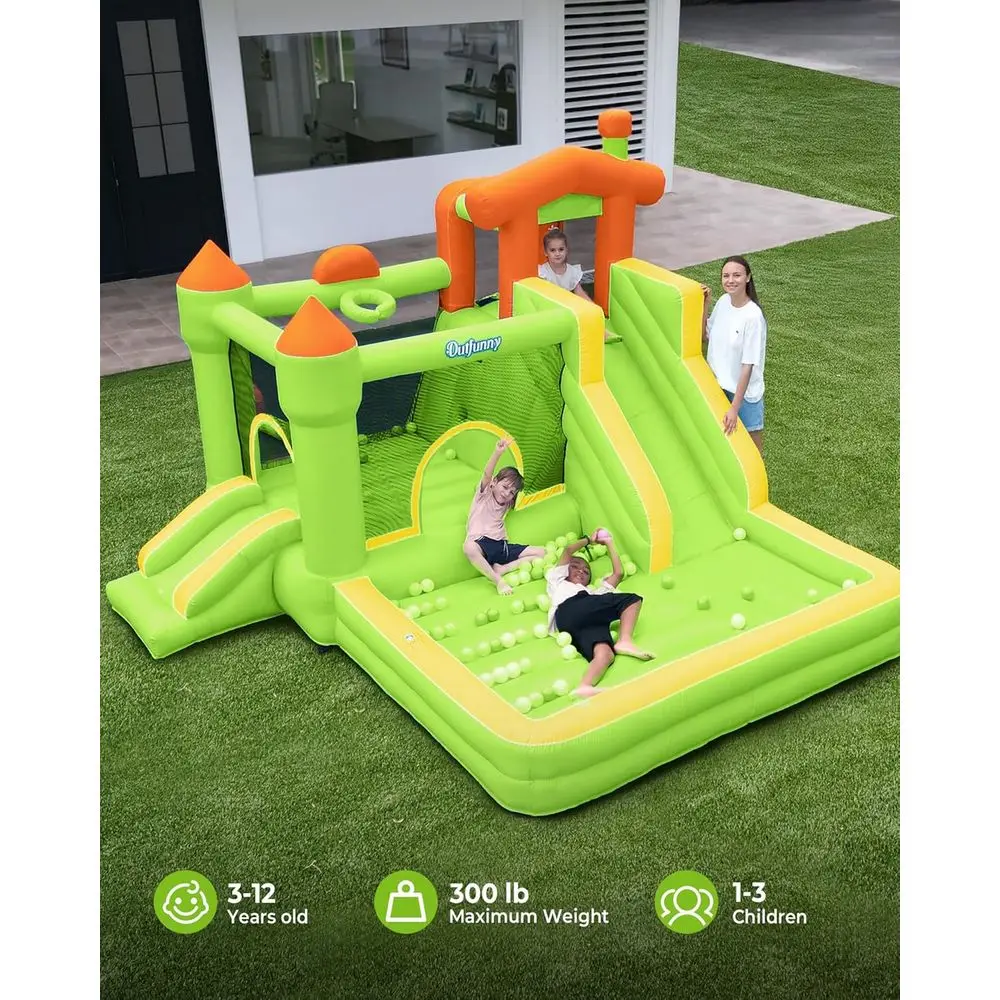 Springhuis met glijbaan, eetbaar springhuis voor kinderen van 3-12, buiten en binnen, 450W blazer, groen