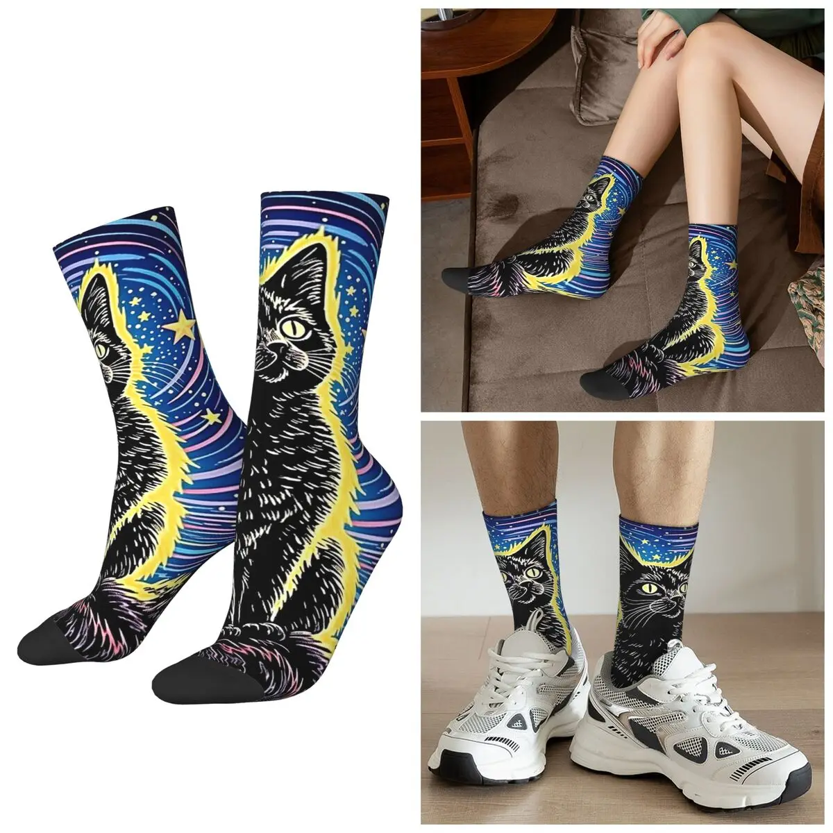 

Всесезонные носки с черным котом под звездами, художественные носки в стиле Харадзюку, спортивные носки средней длины, впитывающие пот чулки для мужчин и женщин, подарки