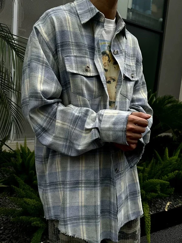 American retro old plaid long-sleeved shirt flannel fade destruction tassel Cleanfit jacket top fashion