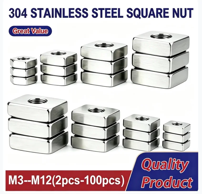 M3 M4 M5 M6 M8 M10 M12 304 Stainless Steel Square Nut Rectangular Nuts Length:10 - 60mm Qty:2pcs-10pcs