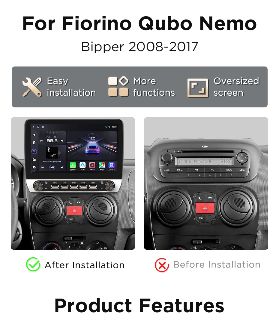 Junsun 10,1-Zoll-Autoradio für Fiat Fioririno für Bipper 2008-2017, kabelloses CarPlay, Android Auto, intelligente Systeme, IPS-Touchscreen mit physischen Tasten, DSP, GPS-Navigation, WLAN, DAB+, RDS, FM/RAM, BT, SWC, Plug-and-Play, 2DIN-Multimedia-Player – Detail 4