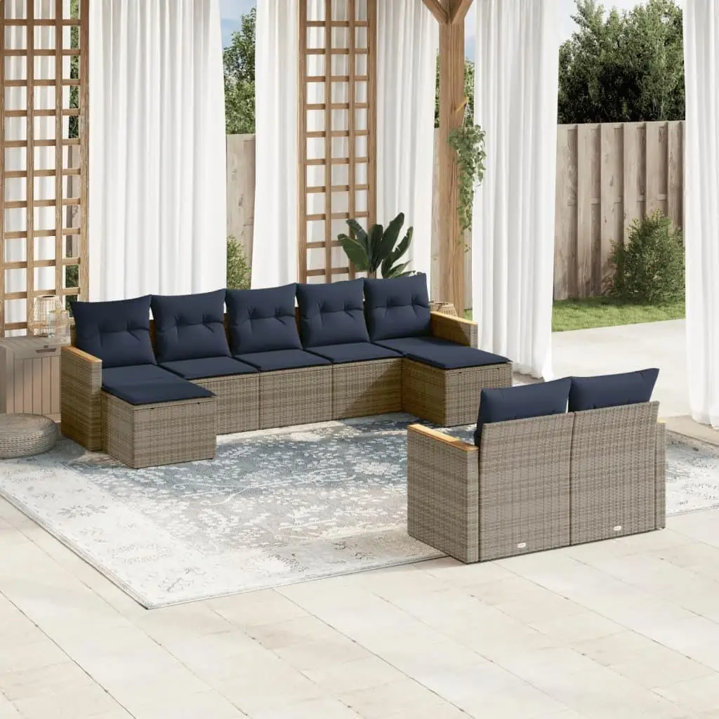 

Gray Poly Rattan 9 Piece Outdoor Patio Sofa Set with Cushions Comfortable Garden Furniture