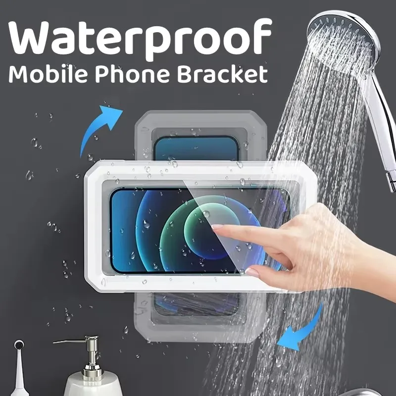 

No Punch Shower Phone Case Waterproof Rotation Anti-fog Touch Wall Mount Phone Holder for iPhone Samsung Mi Universal Fit 6.8in