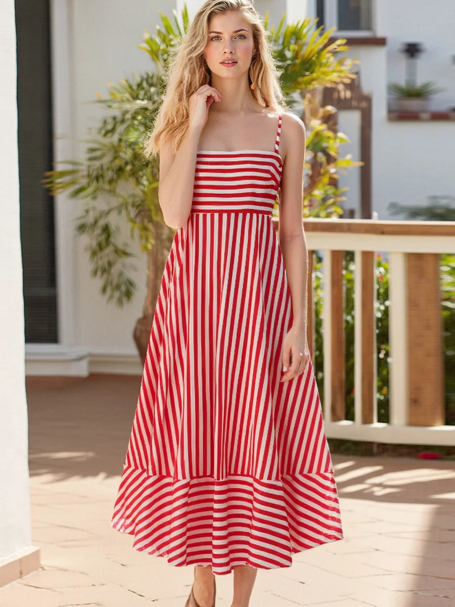 Nouvelle mode femmes longue robe Cami rayure point imprimé Spaghetti sangle dos nu a-ligne robe fluide offre spéciale S M L