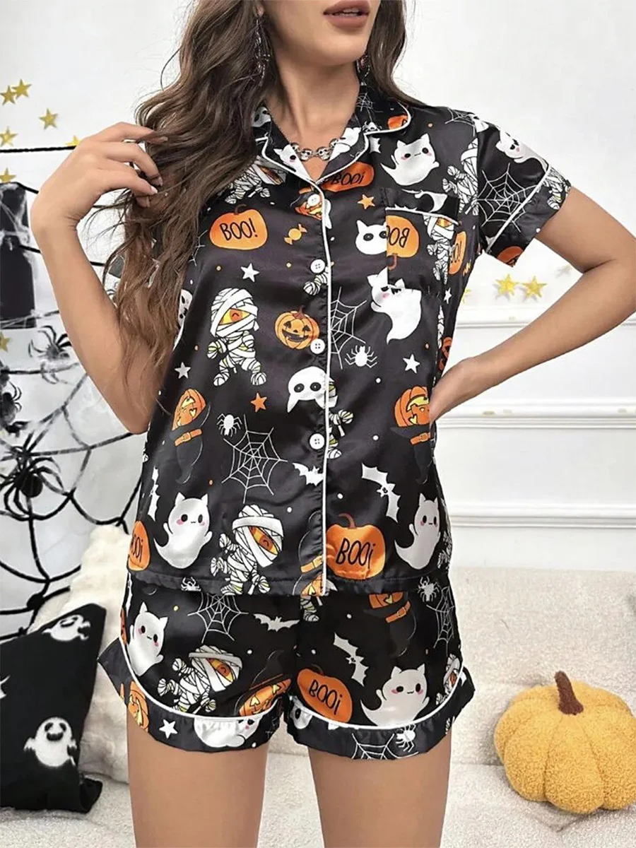 Halloween Two Piece Pajama Set Women Ghost Pumpkin Graphic Short Pajamas Set Short Sleeve Button Top Comfy Shorts Sleepwear